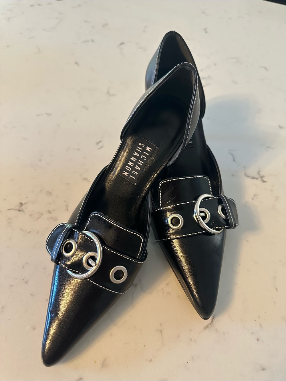 MICHAEL SHANNON Black Pointed Leather Buckle Flats